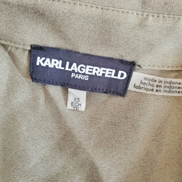 KARL LAGERFELD Bell Sleeve Ruffle Olive Green Pearl Button Top XS - Picture 3 of 8